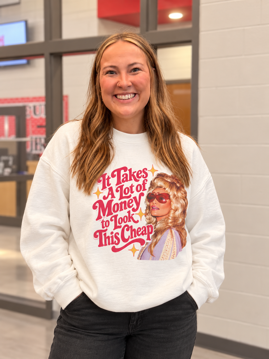 Dolly Parton inspired sweatshirt, retro western graphic, It Takes A Lot of Money quote