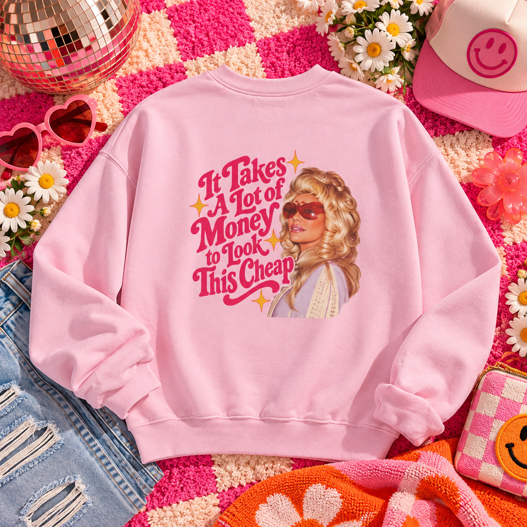 Dolly Parton inspired sweatshirt, retro western graphic, It Takes A Lot of Money quote